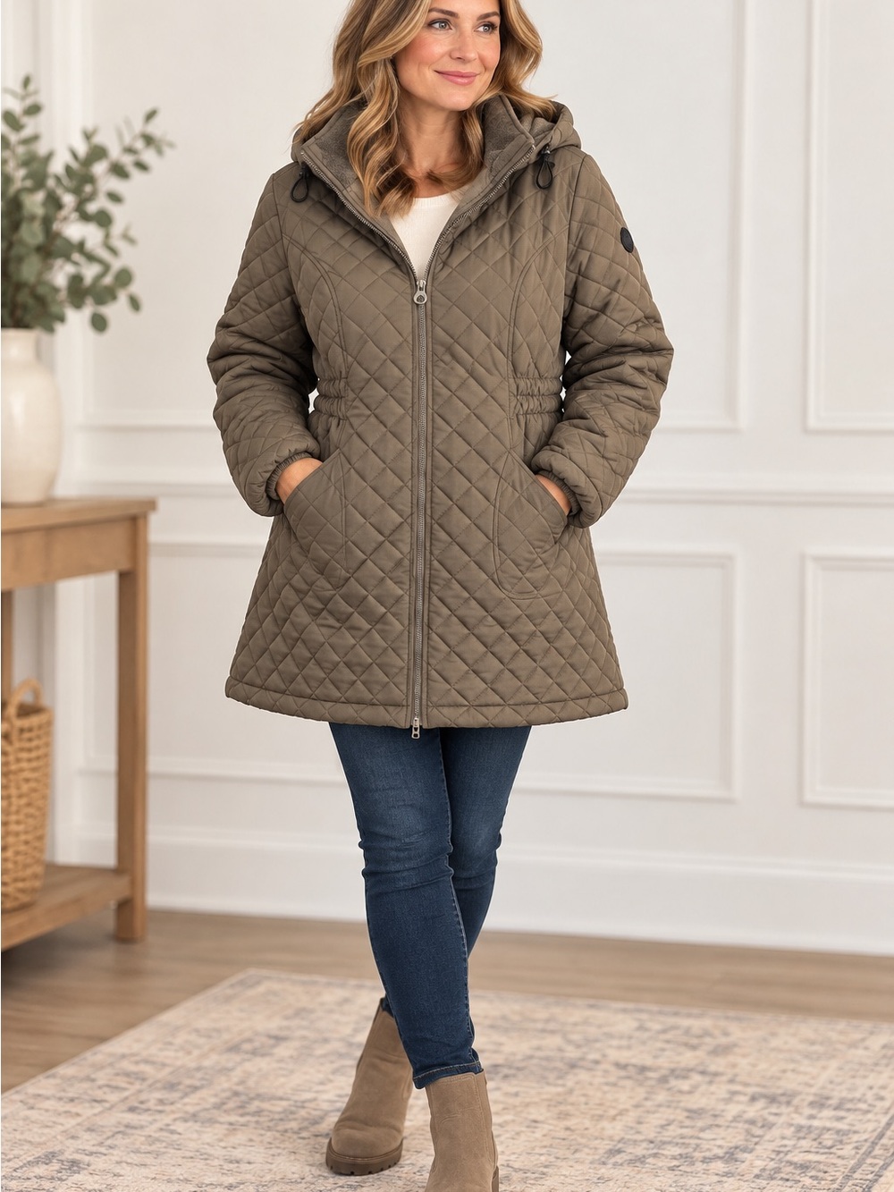 Laundry by Shelli Segal 2X Quilted Hooded Jacket Plus Size Taupe Coat
